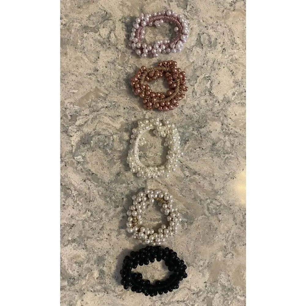 5 Simple Colored Pearl Beaded Pony Tail Holders